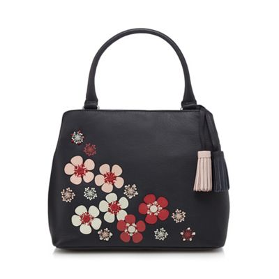 Black leather floral appliqu grab bag